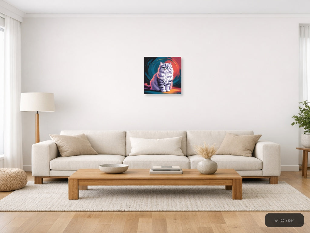 Fluffy Cat Abstract Portrait with Neon Colors Wall Art — A4 / Living Room