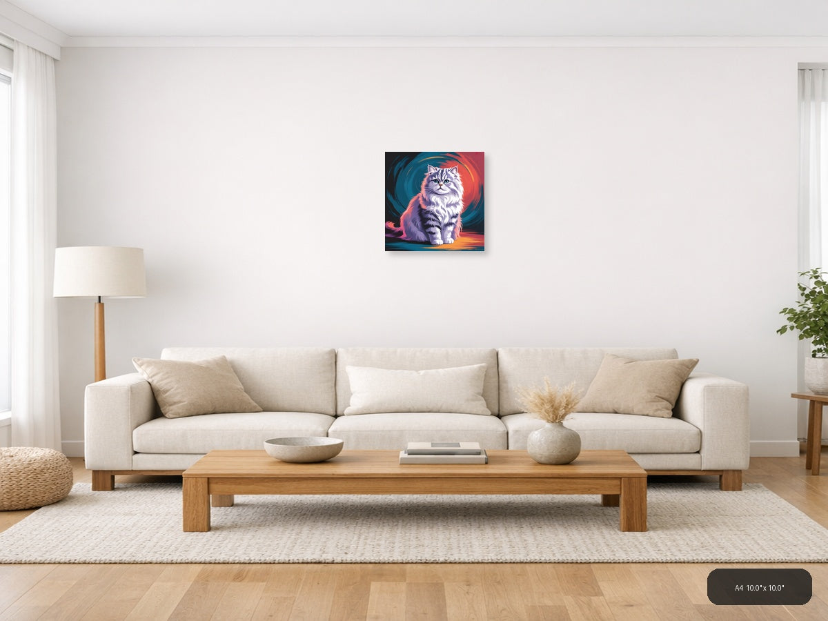 Fluffy Cat Abstract Portrait with Neon Colors Wall Art — A4 / Living Room
