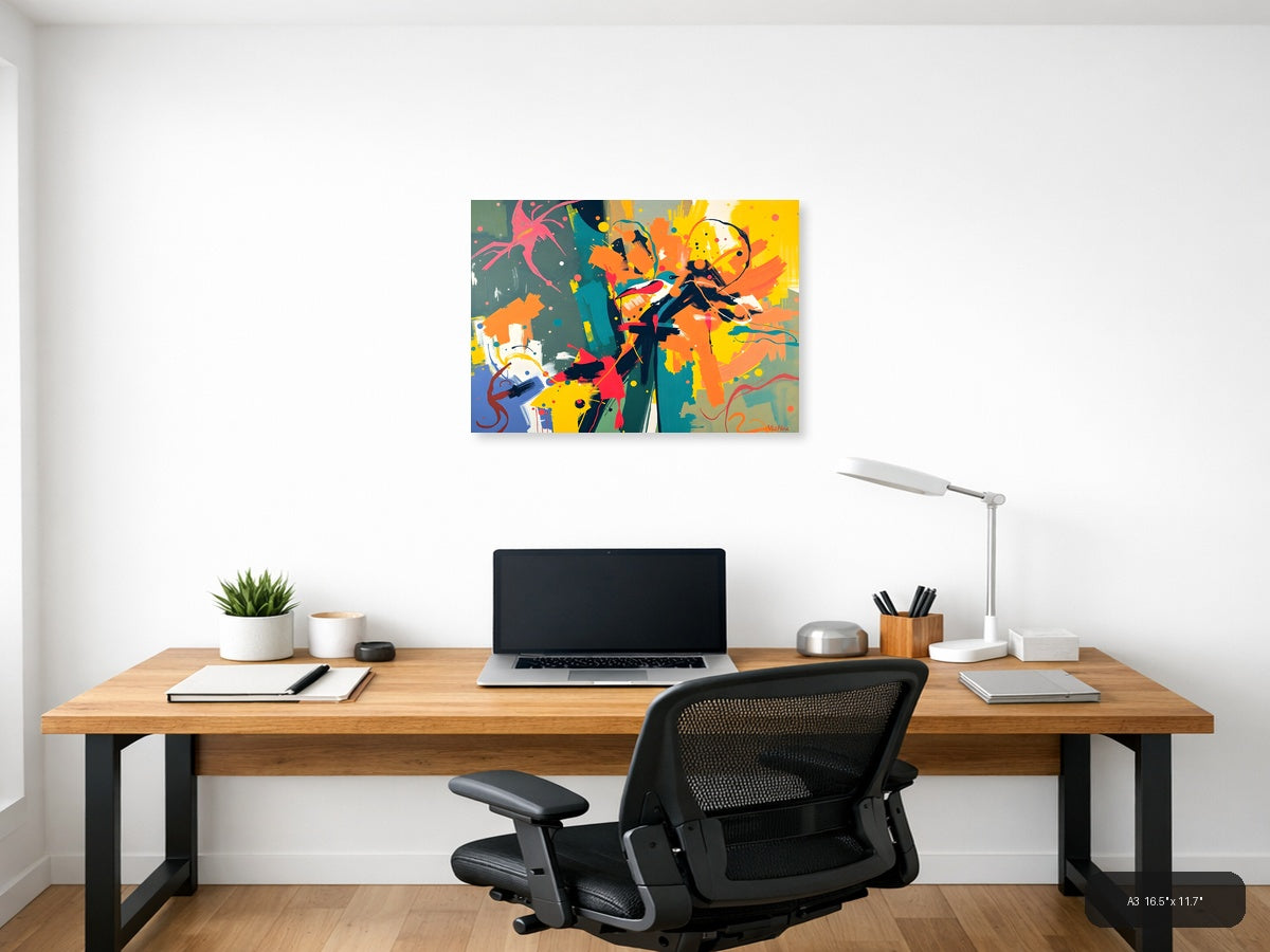Vibrant Abstract Bird & Botanical Splash Wall Art — A3 / Office