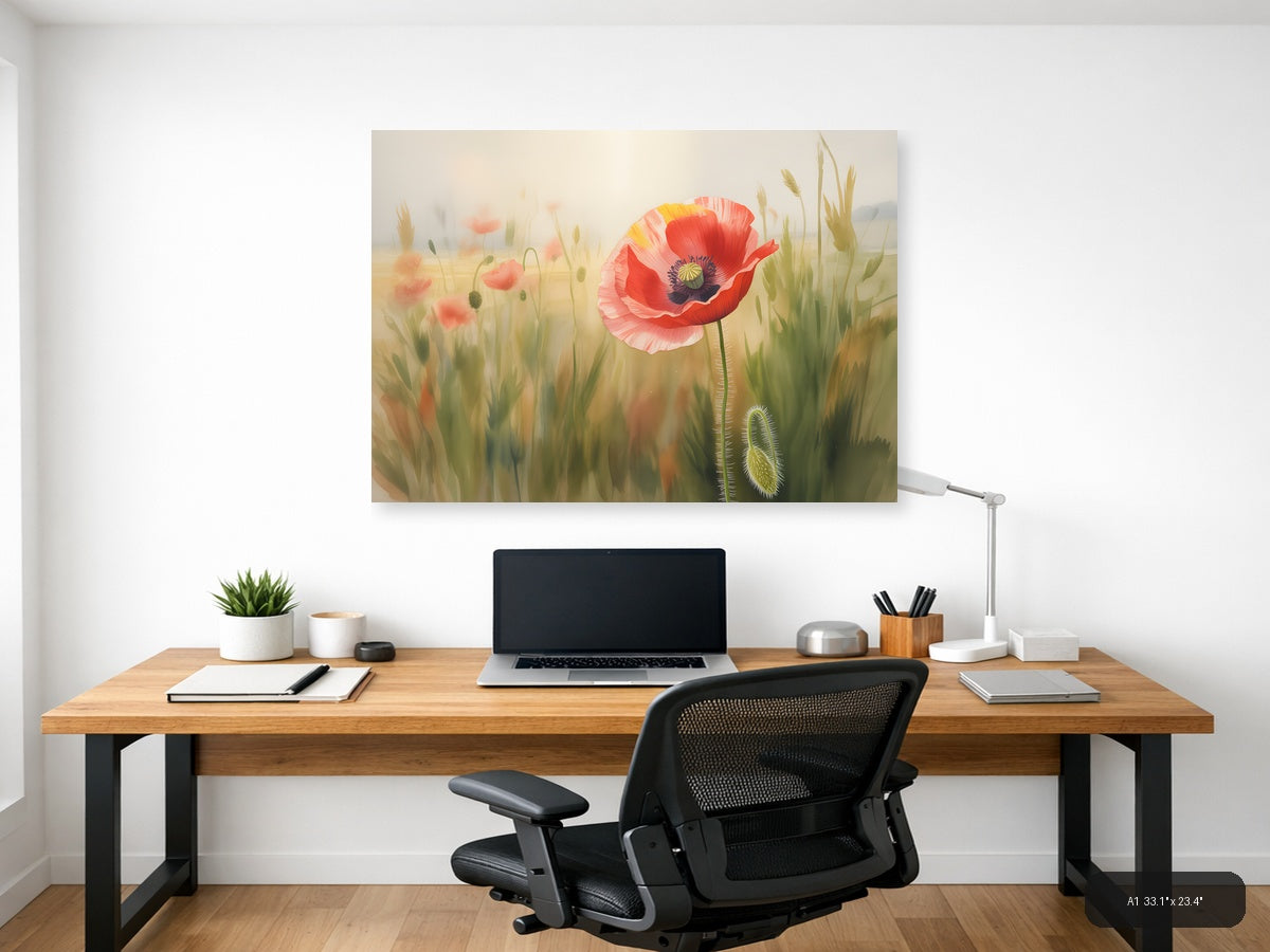 Red Poppy Wildflower Watercolor Landscape Wall Art — A1 / Office