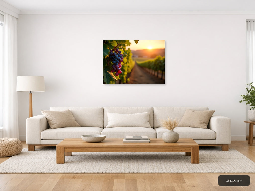 Vineyard Sunset with Purple Grapes Photography Wall Art — A3 / Living Room