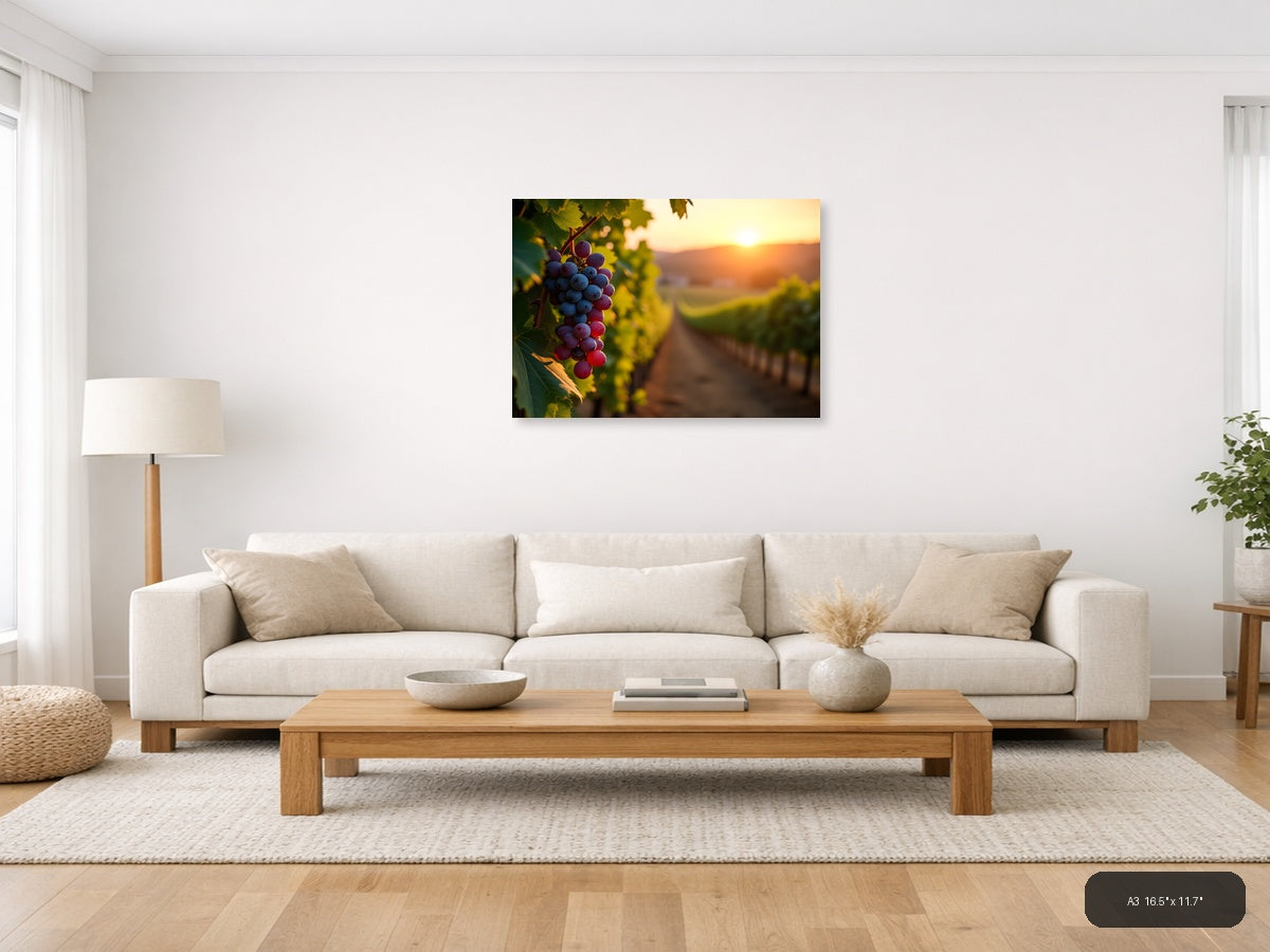 Vineyard Sunset with Purple Grapes Photography Wall Art — A3 / Living Room