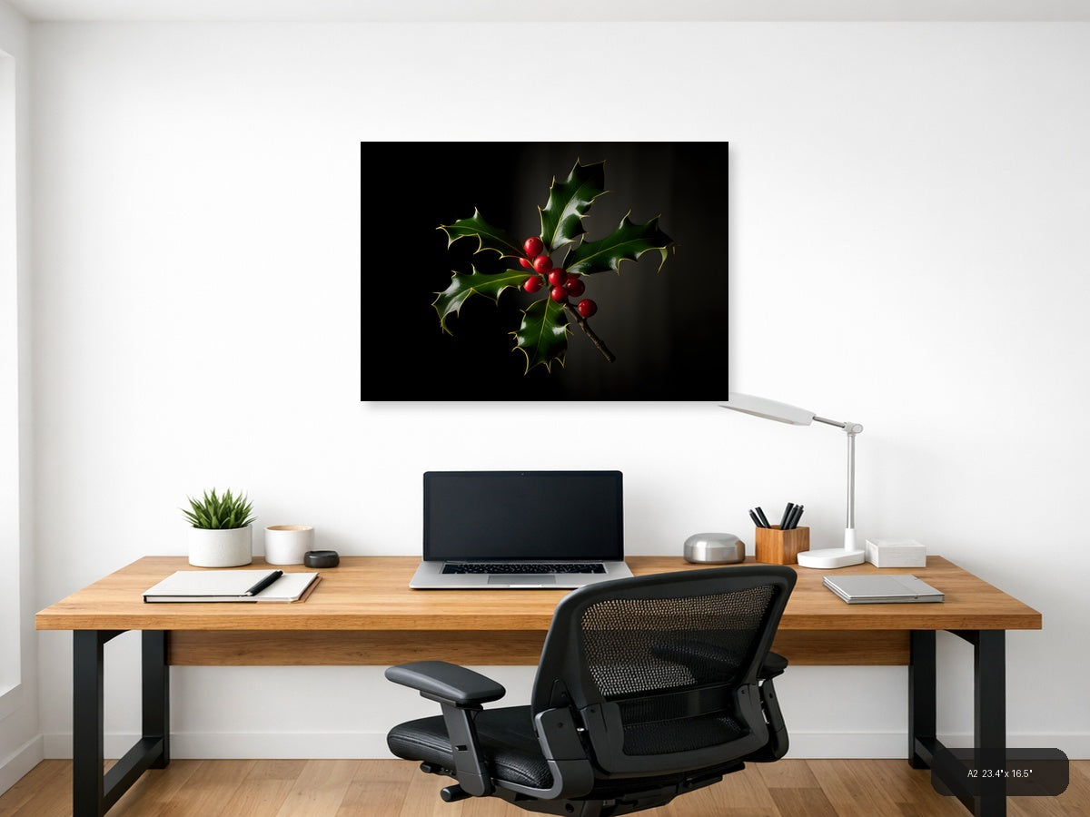 Holly Branch with Red Berries Photography Wall Art — A2 / Office