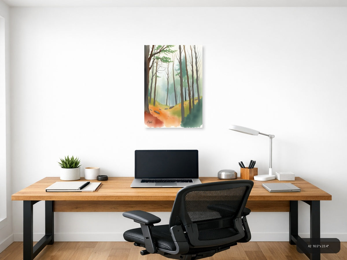 Misty Forest Path Watercolor Wall Art — A2 / Office