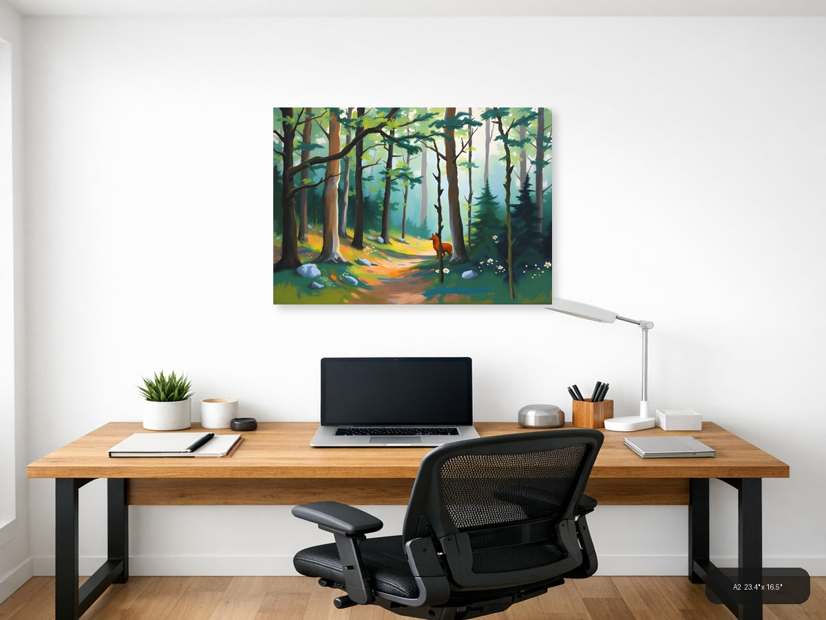 Forest Path with Red Fox - Abstract Landscape Wall Art — A2 / Office