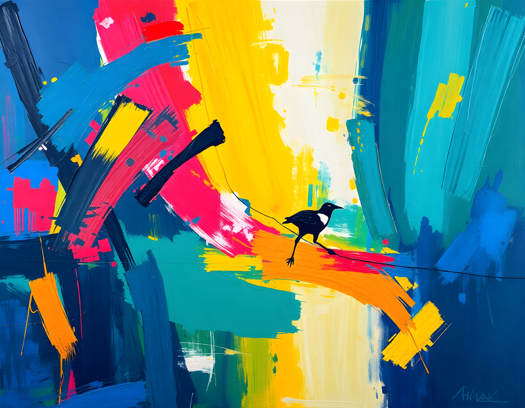 Colorful Abstract Bird on Rainbow Brushstrokes Wall Art