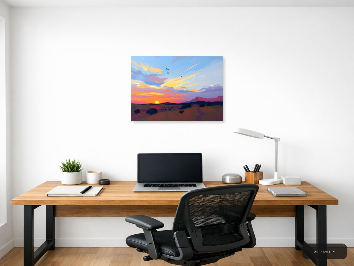 Abstract Sunset Desert Landscape with Flying Birds Wall Art — A3 / Office