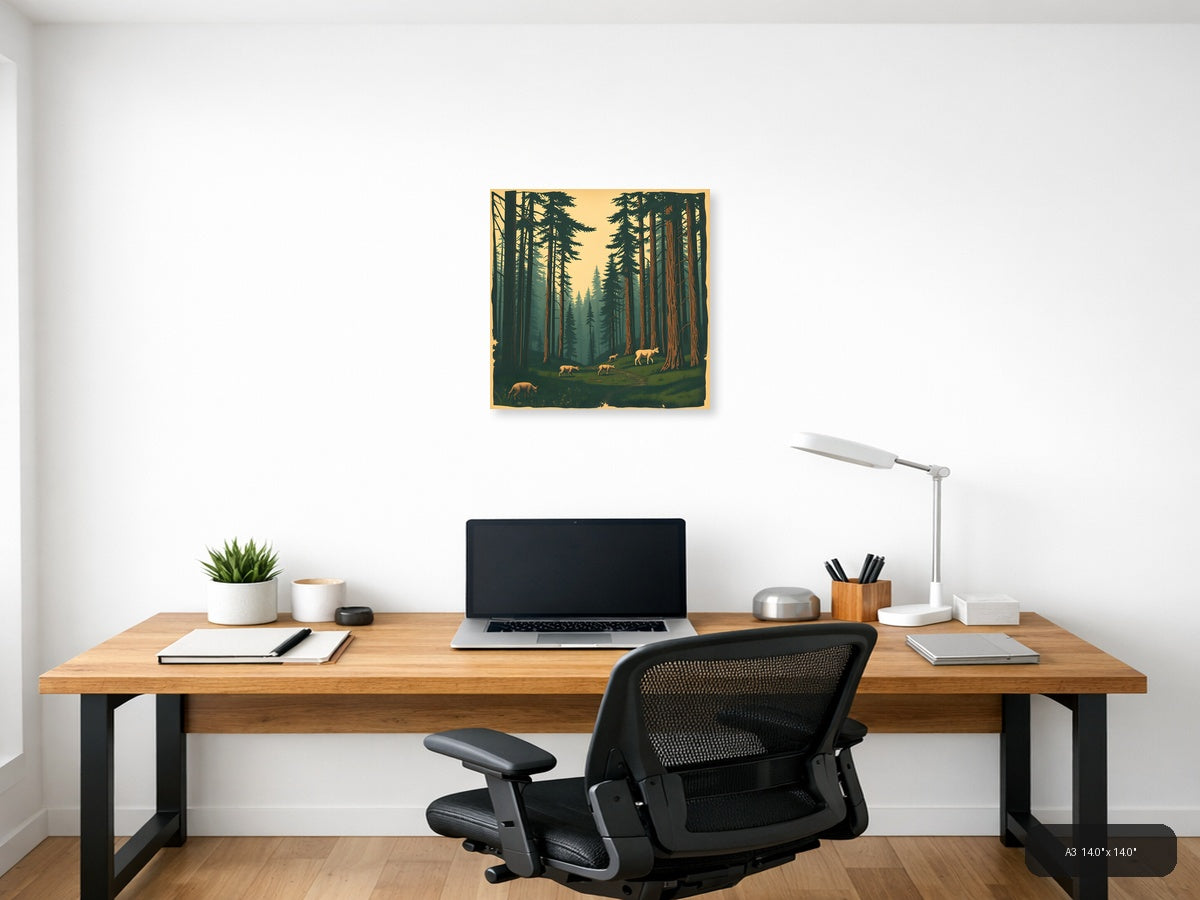 Vintage Forest Deer Valley Landscape Wall Art — A3 / Office
