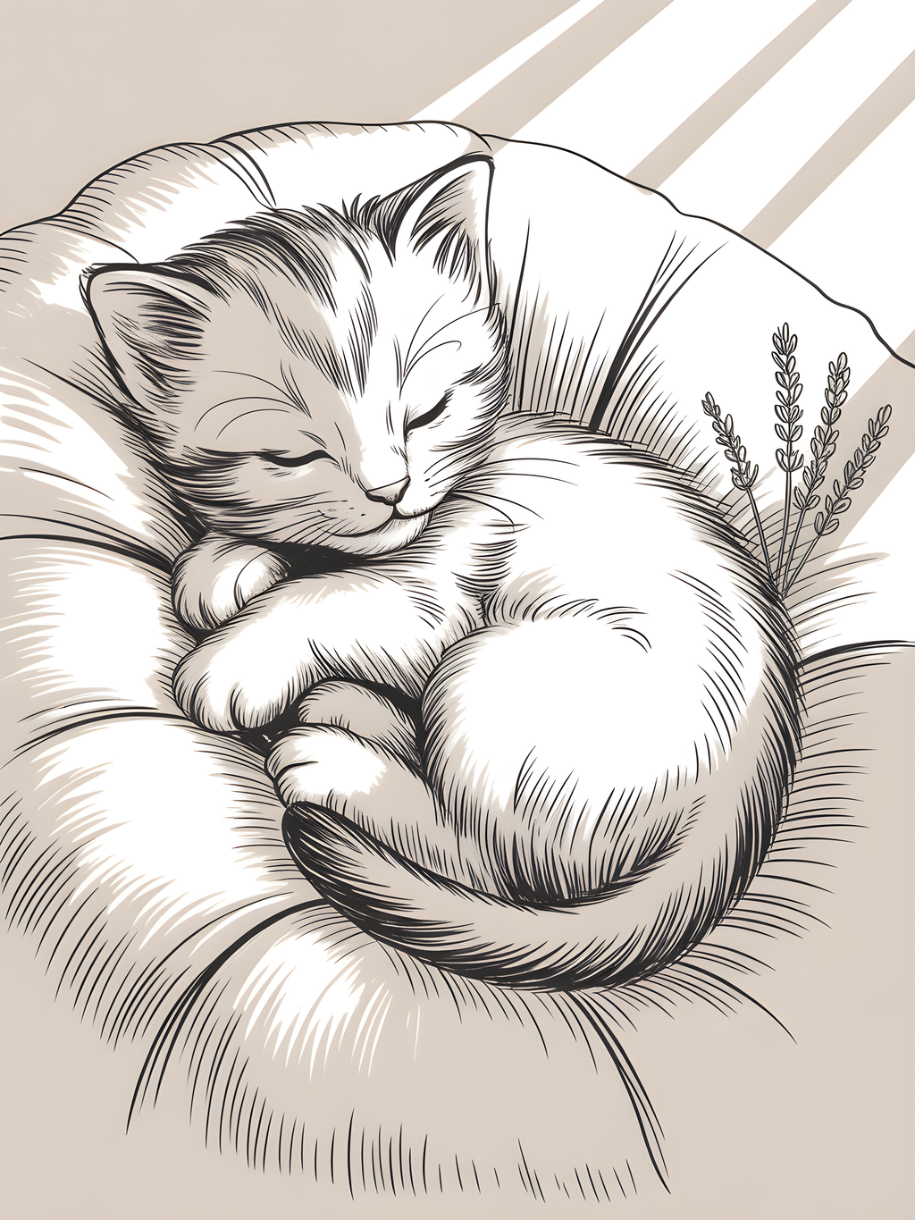 Sleeping Cat with Lavender Line Art Wall Art