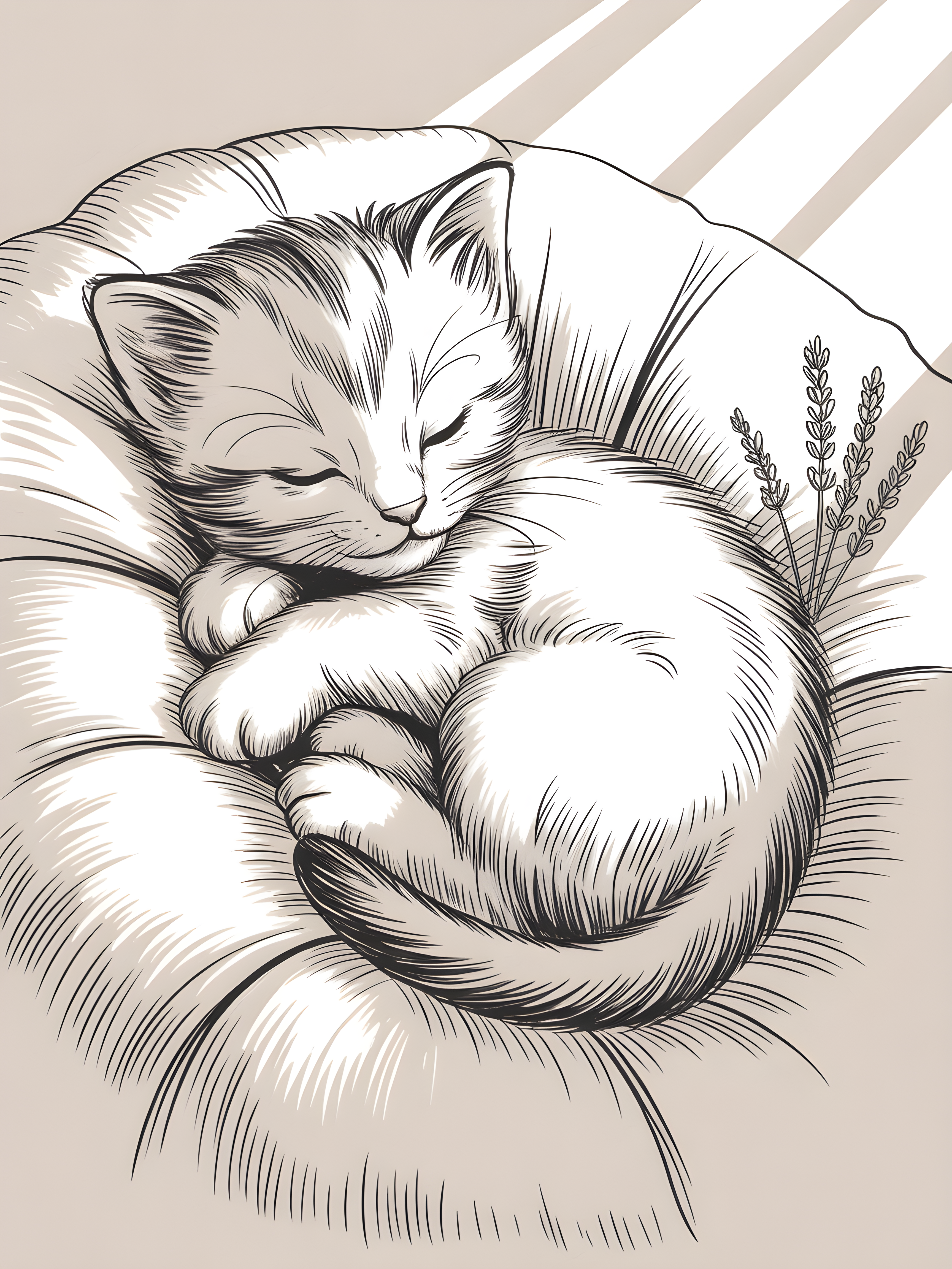 Sleeping Cat with Lavender Line Art Wall Art