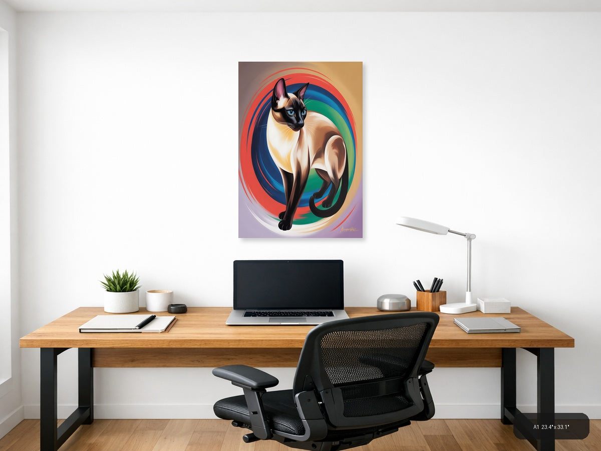 Siamese Cat Abstract Rainbow Swirl Portrait Wall Art — A1 / Office