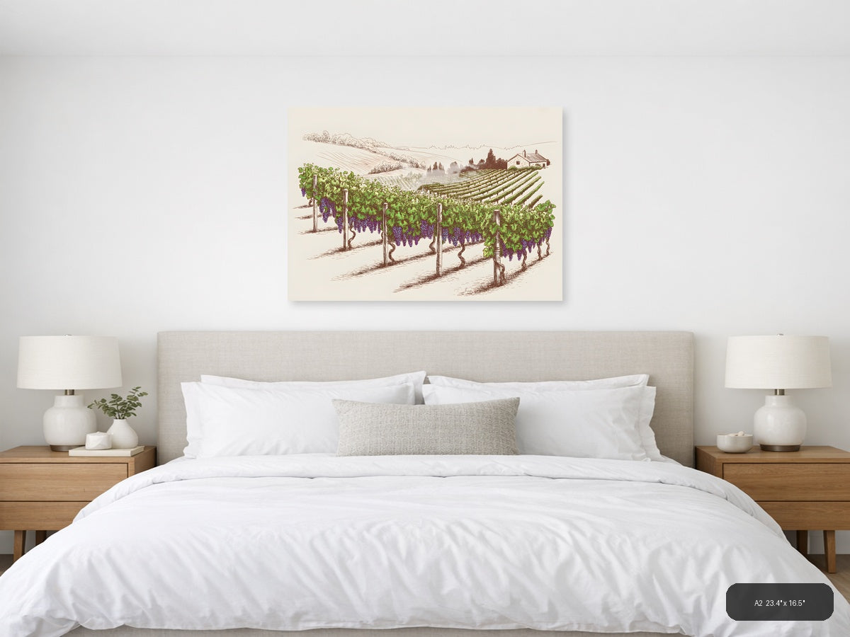 Vineyard Landscape Line Art - Wine Country Wall Art — A2 / Bedroom