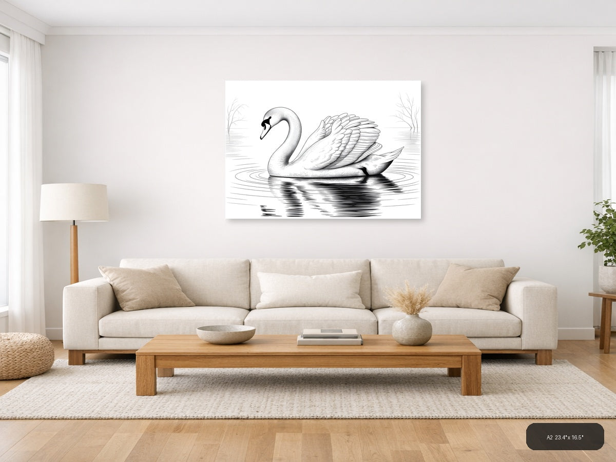 Elegant Swan Line Art Drawing - Black & White Wall Art — A2 / Living Room