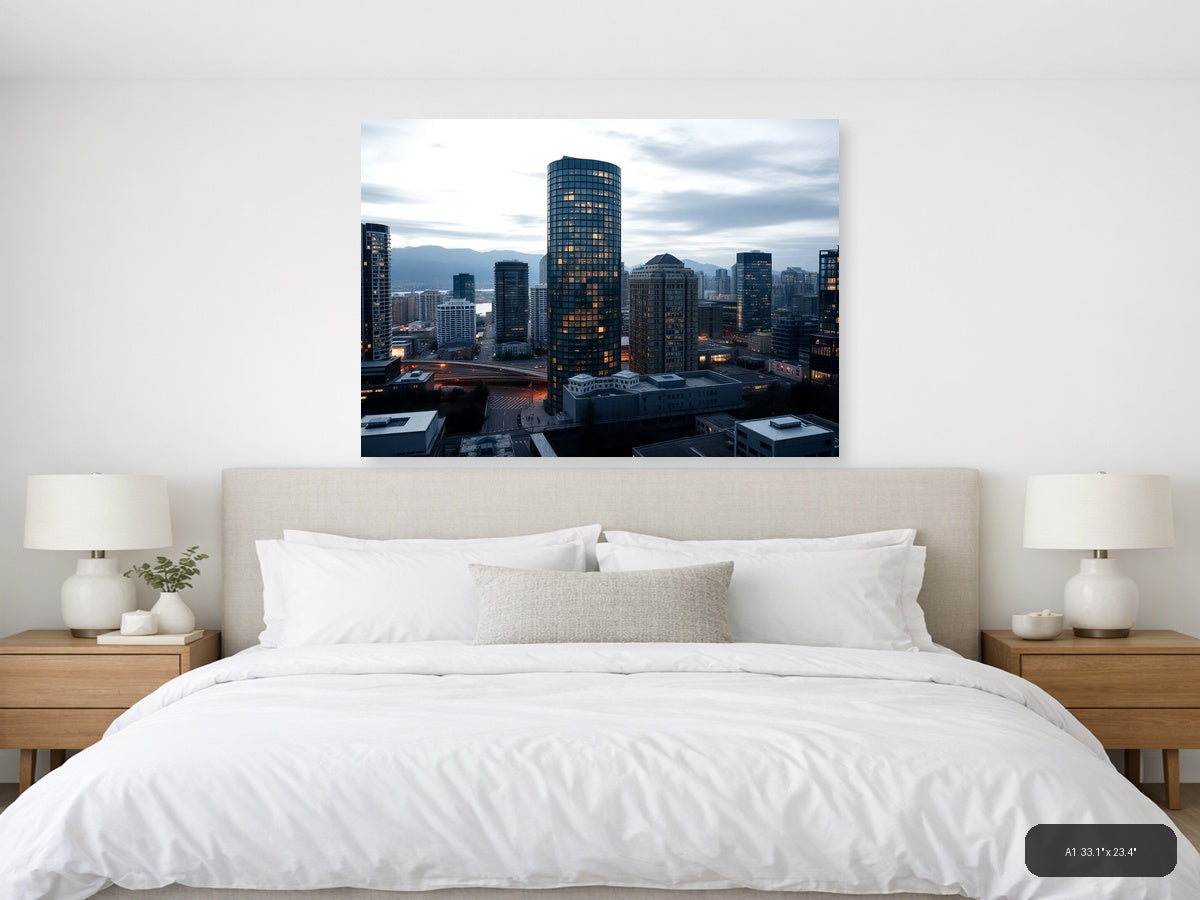 Urban Skyline at Dusk with Glowing Windows | Modern City Wall Art — A1 (Bedroom)