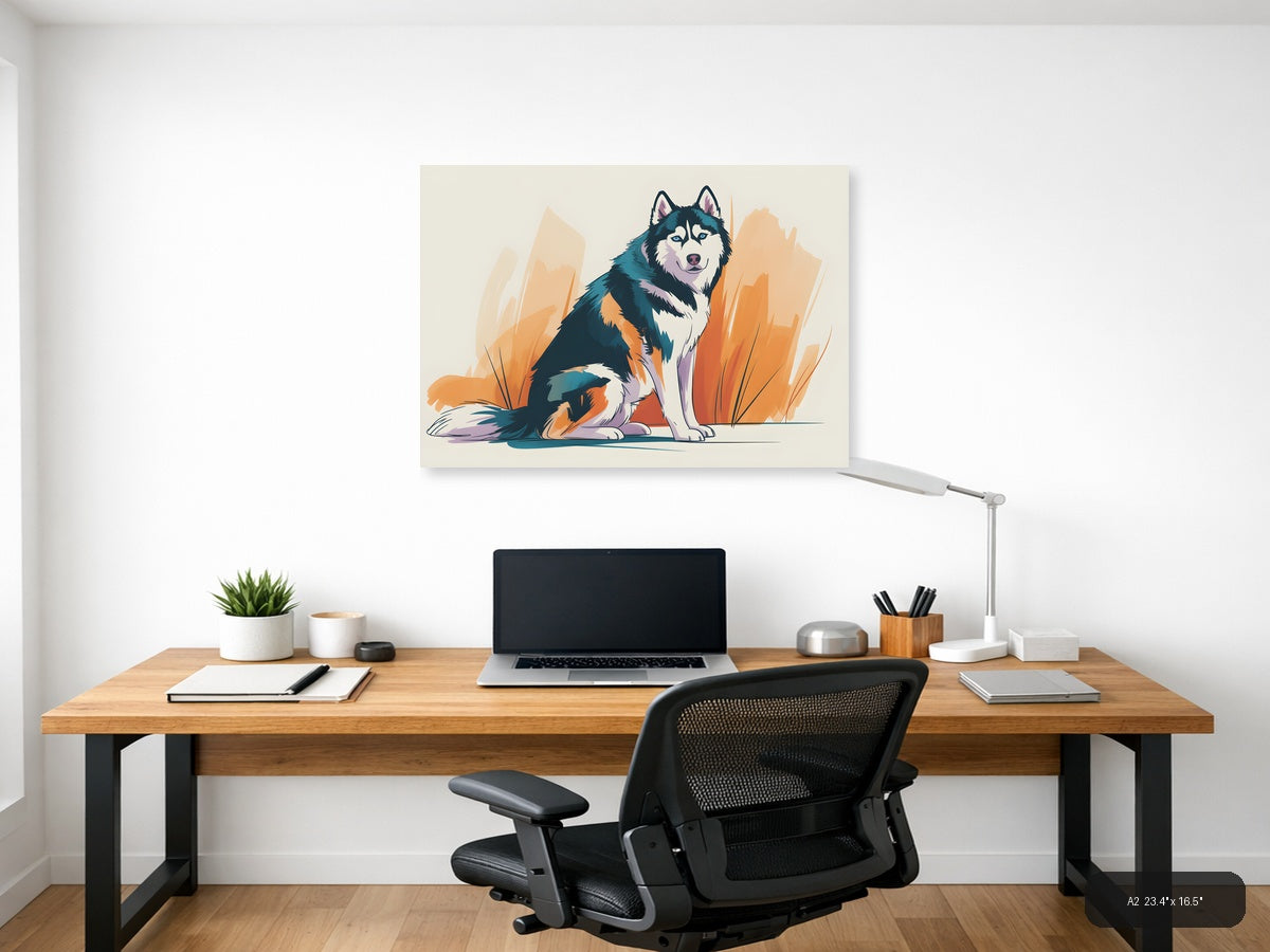 Abstract Husky Dog Portrait with Orange Brush Strokes Wall Art — A2 / Office