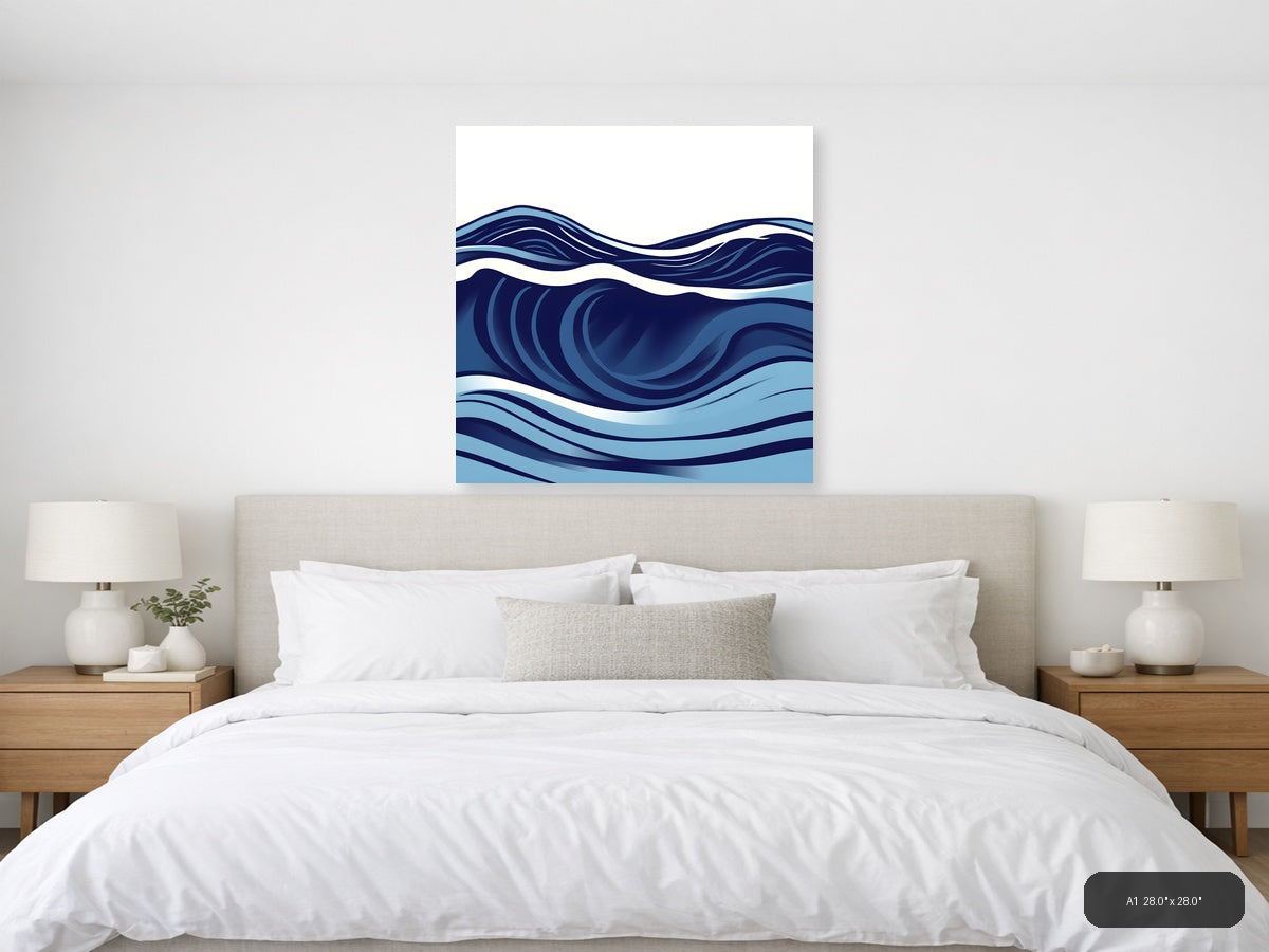 Abstract Ocean Waves Minimalist Blue Wall Art — A1 / Bedroom