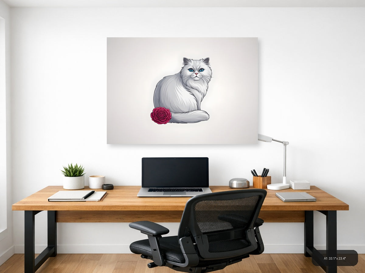 White Fluffy Cat with Blue Eyes and Rose - Minimalist Wall Art — A1 / Office