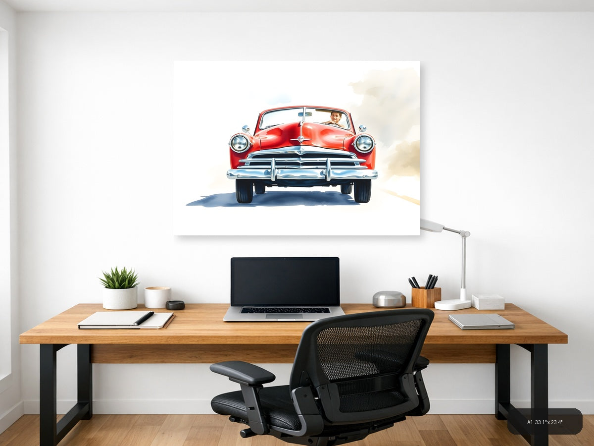 Red Classic Convertible Watercolor Wall Art — A1 / Office