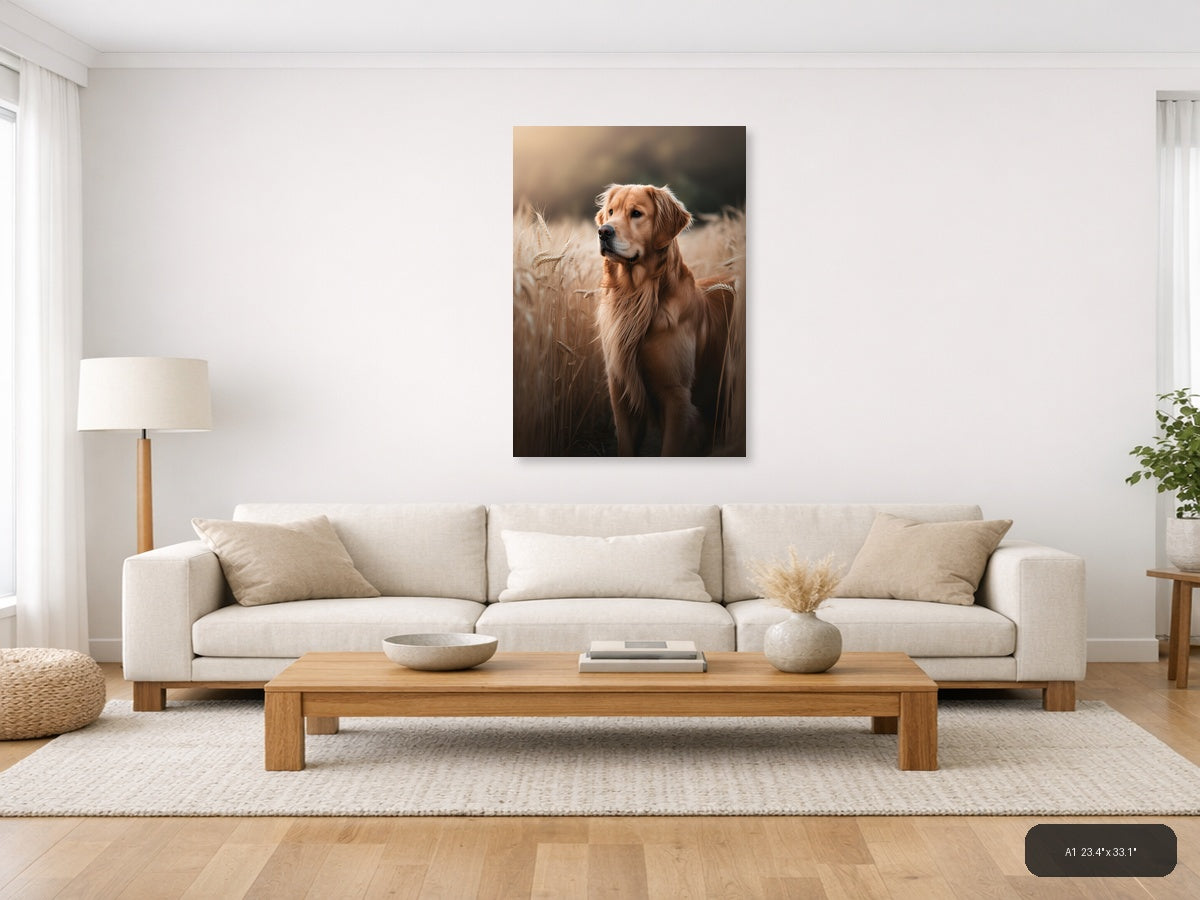 Golden Retriever in Wheat Field Photography Wall Art — A1 / Living Room