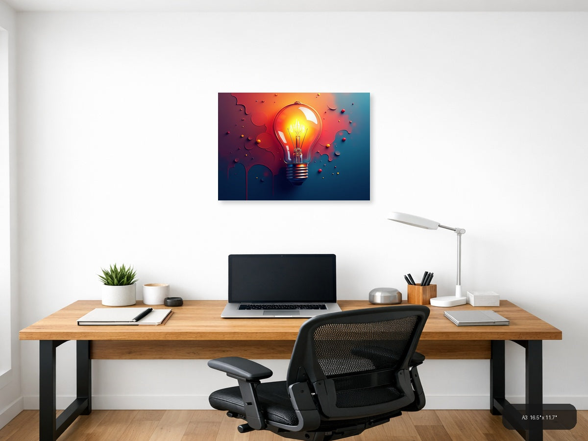 Glowing Lightbulb Abstract | Red Orange Blue Gradient Canvas Wall Art — A3 (Office)