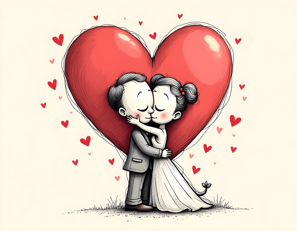 Couple Kissing Heart Line Art Wall Art