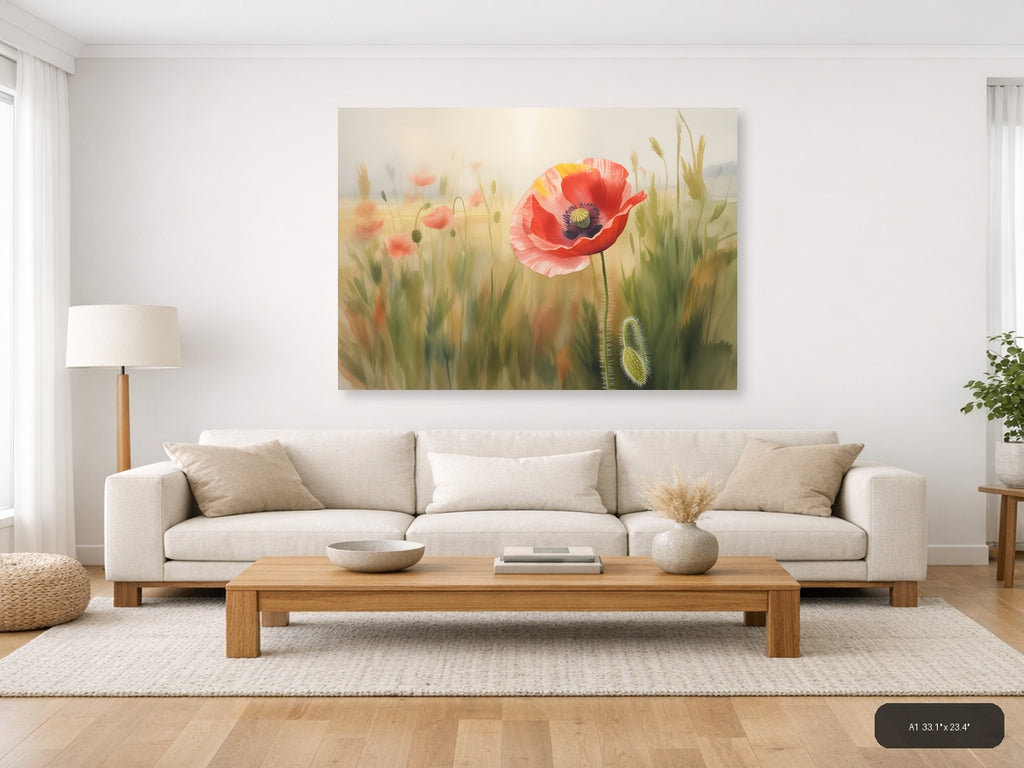 Red Poppy Wildflower Watercolor Landscape Wall Art — A1 / Living Room