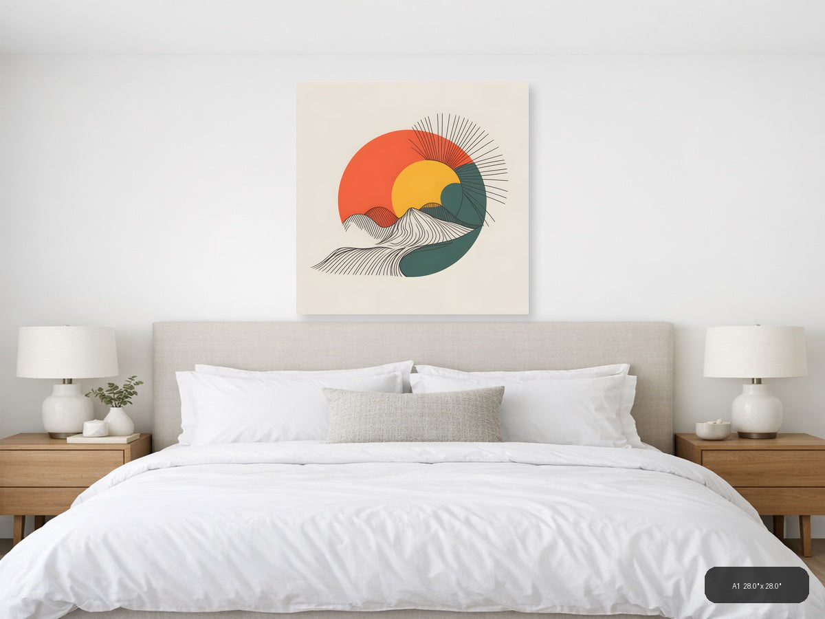 Minimalist Sun and Ocean Wave Line Art Wall Art — A1 / Bedroom