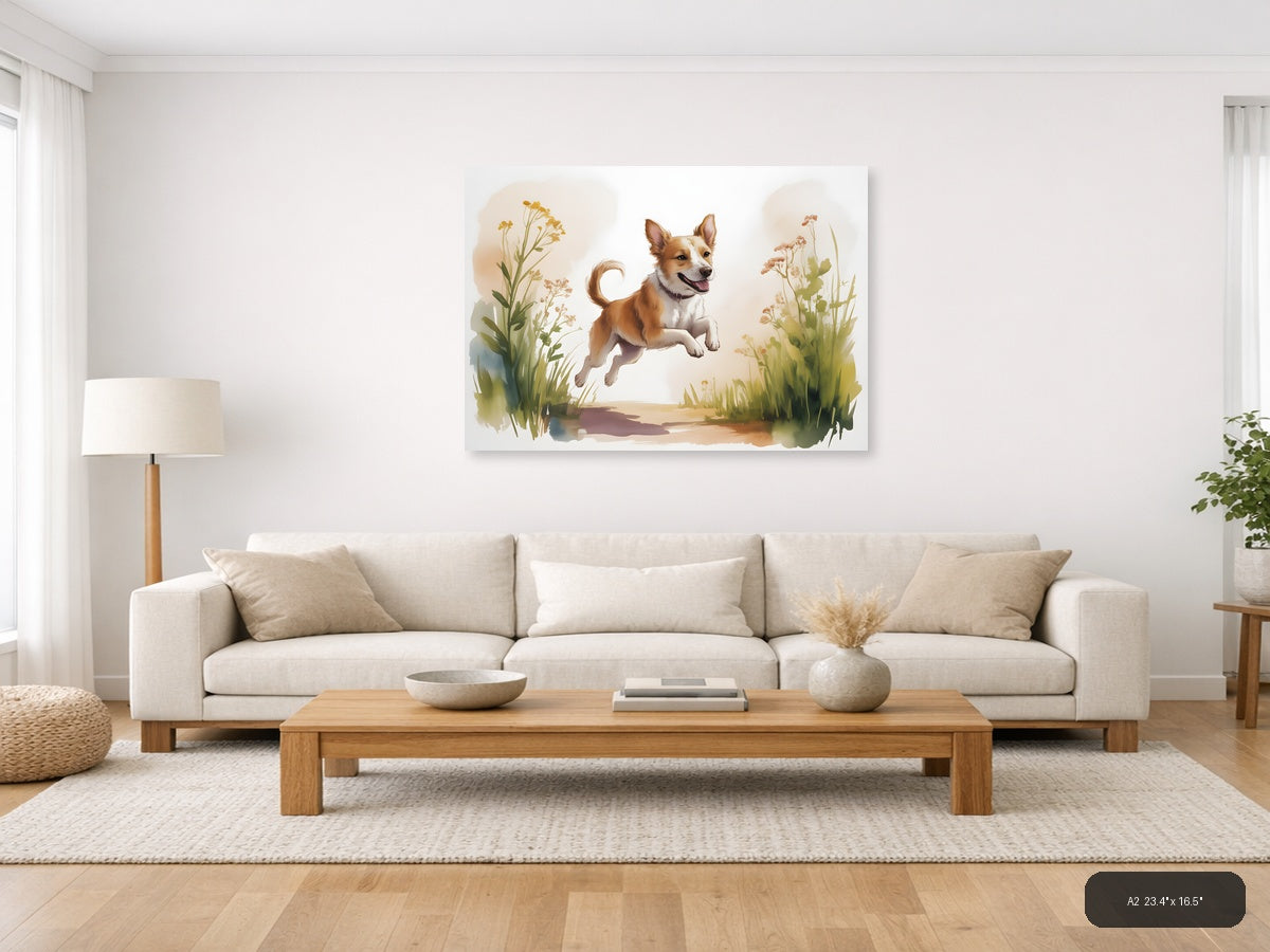 Happy Dog Jumping in Wildflowers Watercolor Wall Art — A2 / Living Room