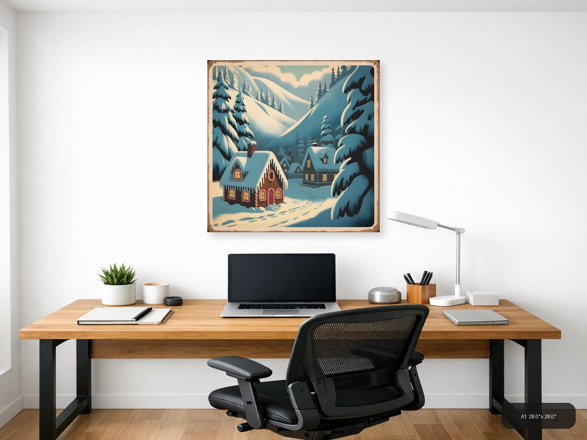 Vintage Gingerbread House Winter Mountain Scene Wall Art — A1 / Office