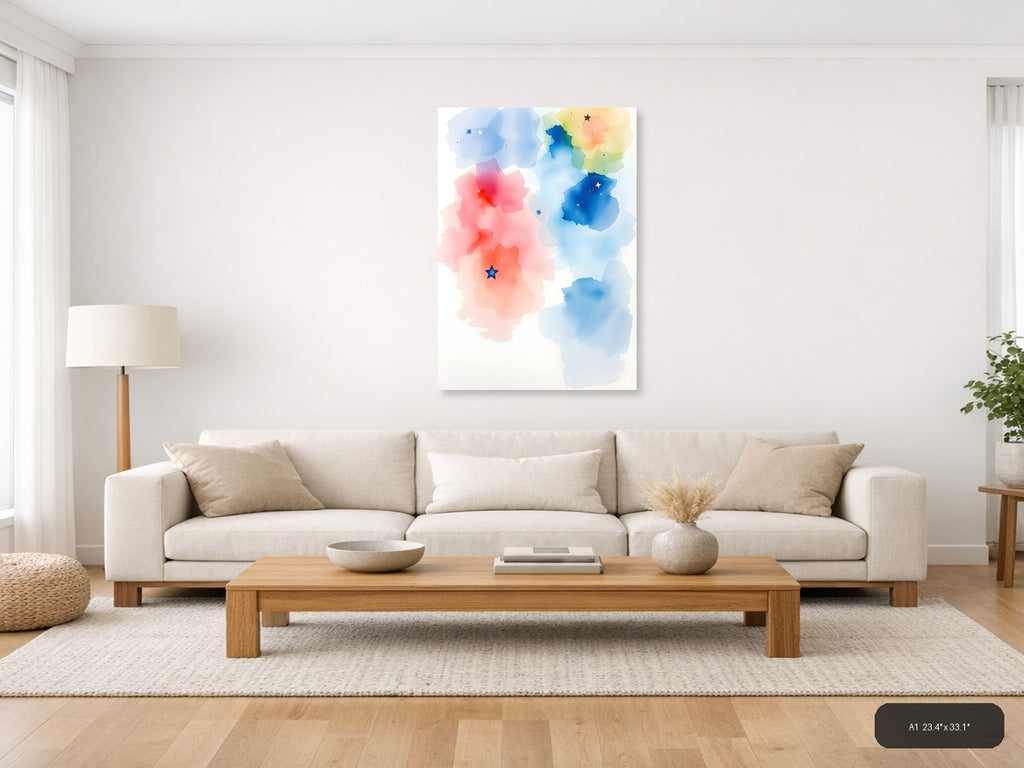 Abstract Watercolor Map with Stars Wall Art — A1 / Living Room