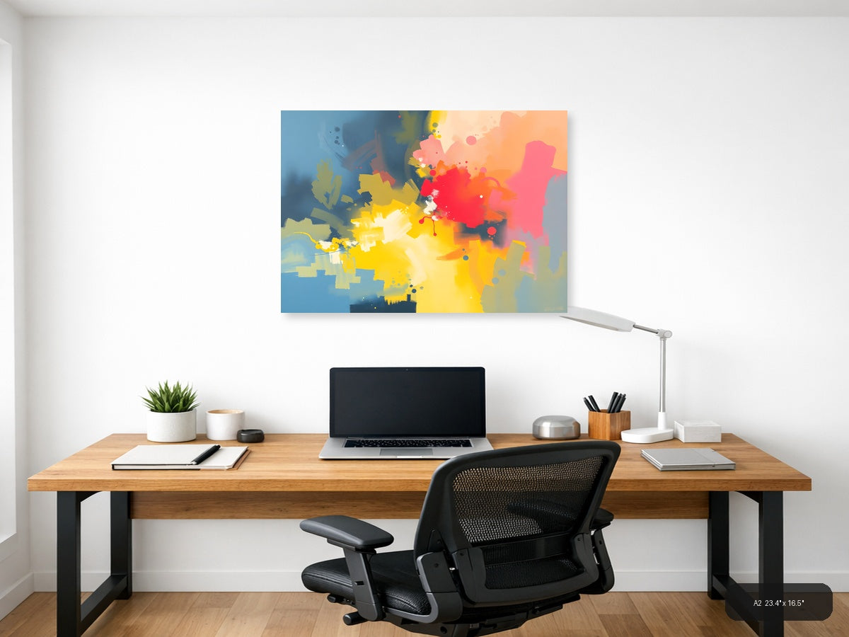 Vibrant Abstract Splatter Yellow Red Pink Blue Wall Art — A2 / Office