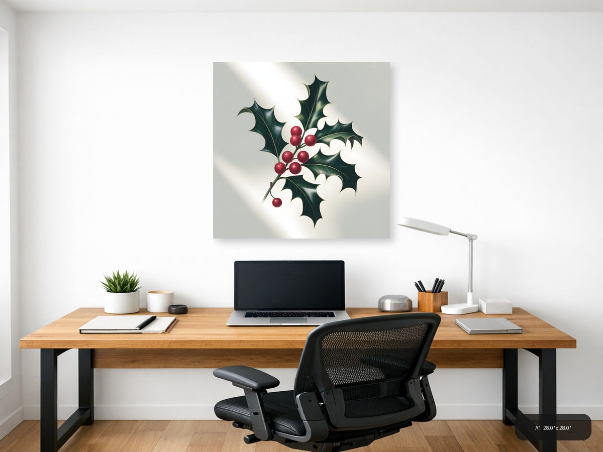 Holly Berries & Leaves Minimalist Square Wall Art — A1 / Office