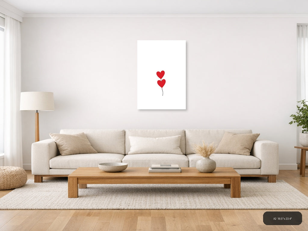 Two Red Hearts Minimalist Balloon Wall Art — A2 / Living Room