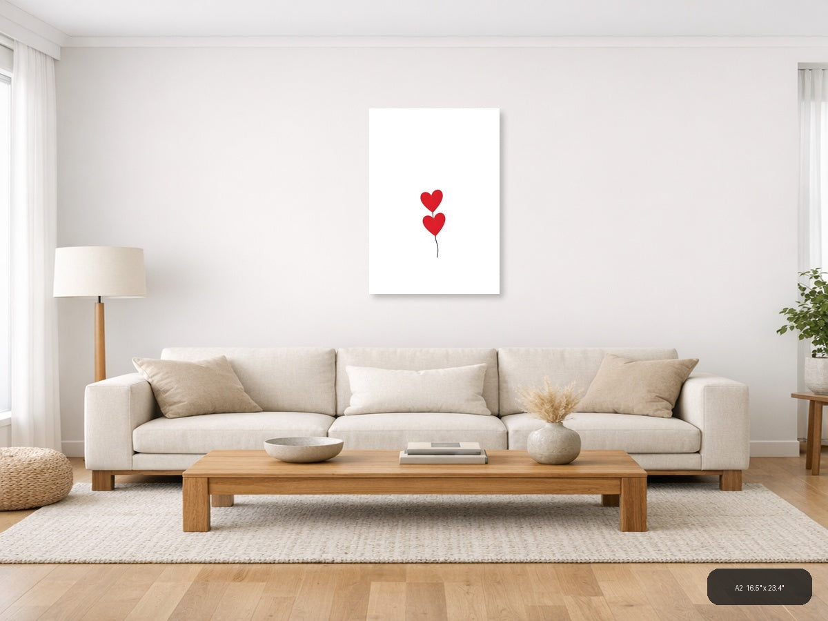 Two Red Hearts Minimalist Balloon Wall Art — A2 / Living Room