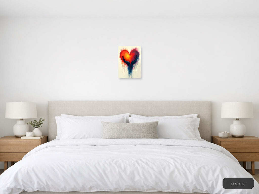 Hands Holding Glowing Heart Abstract Watercolor Wall Art — A4 / Bedroom