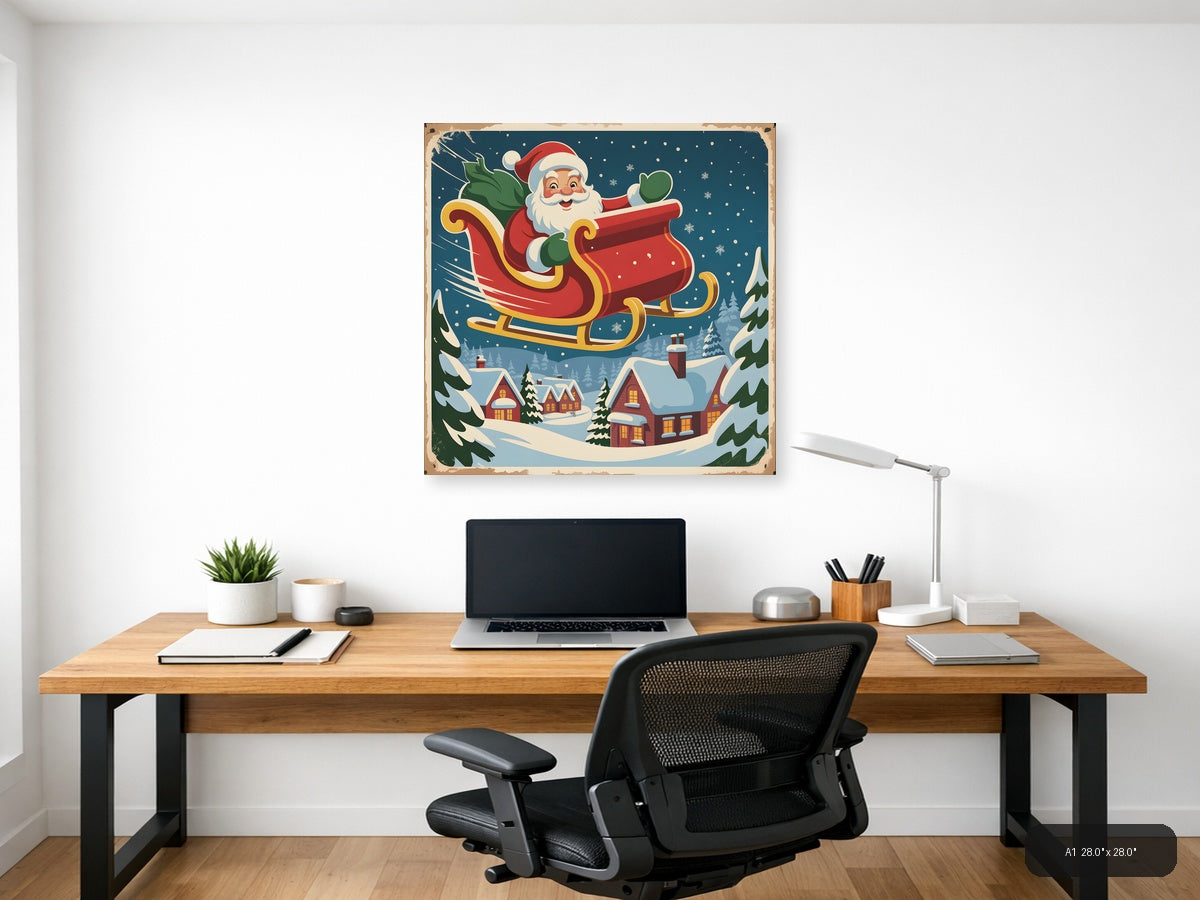 Vintage Santa Sleigh Christmas Night Sky Wall Art — A1 / Office