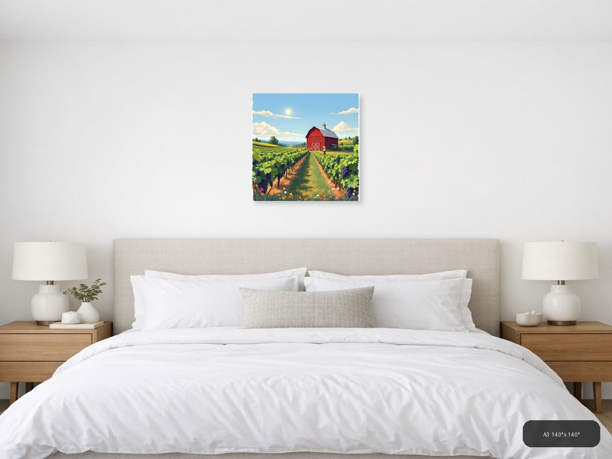 Vintage Vineyard Farm with Red Barn and Workers Wall Art — A3 / Bedroom