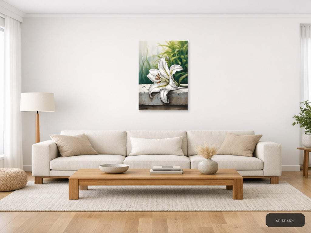 White Lily Line Art Botanical Drawing Wall Art — A2 / Living Room