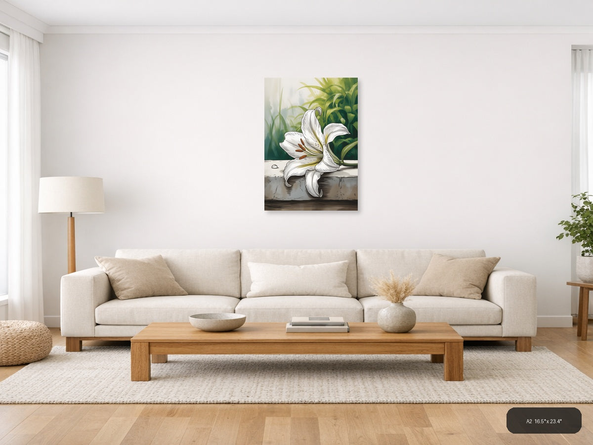 White Lily Line Art Botanical Drawing Wall Art — A2 / Living Room