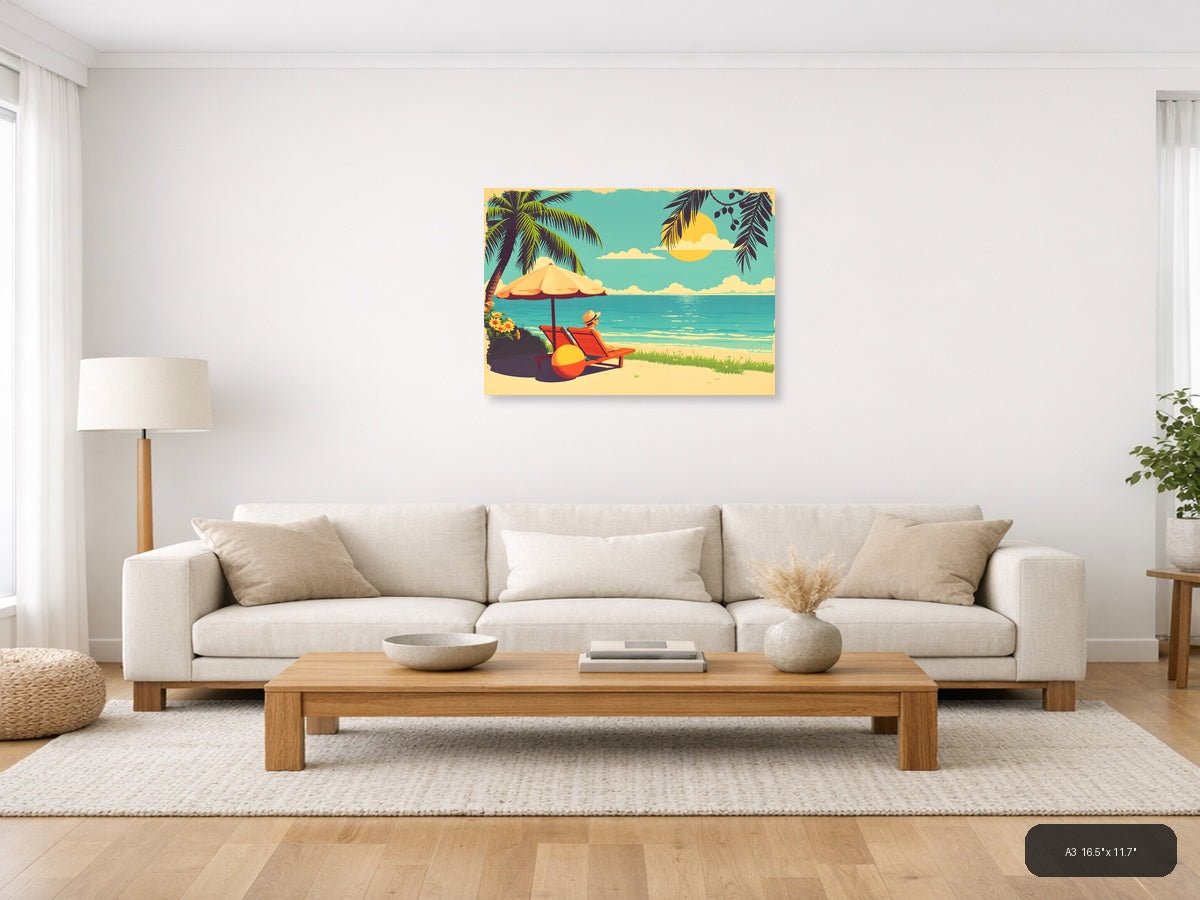 Vintage Beach Vacation Scene with Umbrella Wall Art — A3 / Living Room