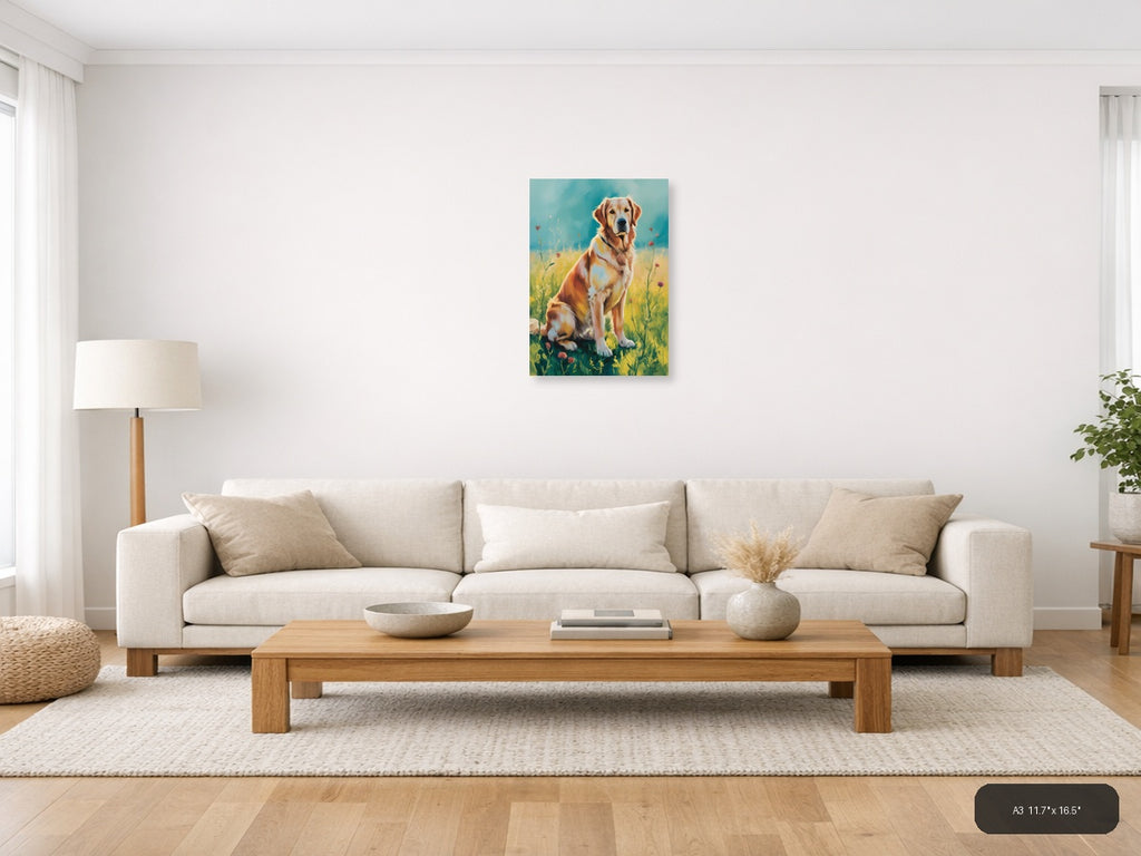 Golden Retriever in Wildflower Field Abstract Wall Art — A3 / Living Room