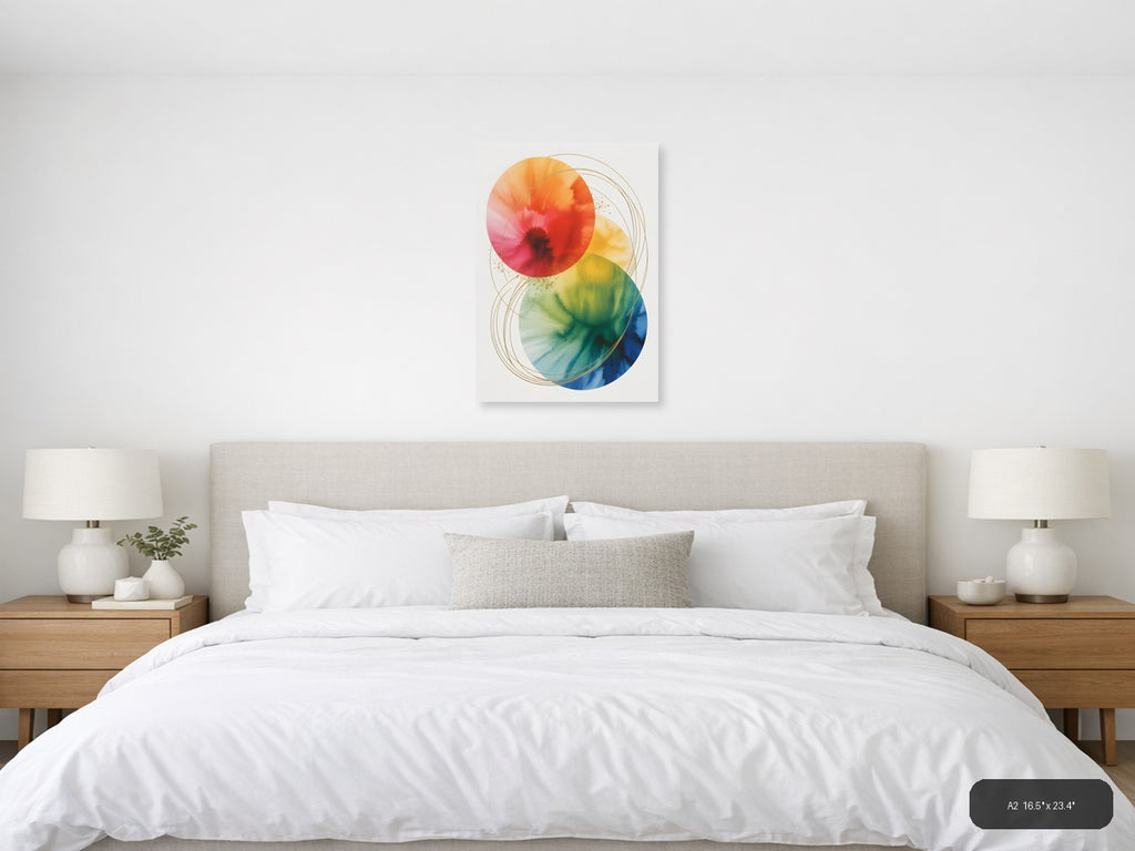 Rainbow Watercolor Circles with Gold Lines Wall Art — A2 / Bedroom