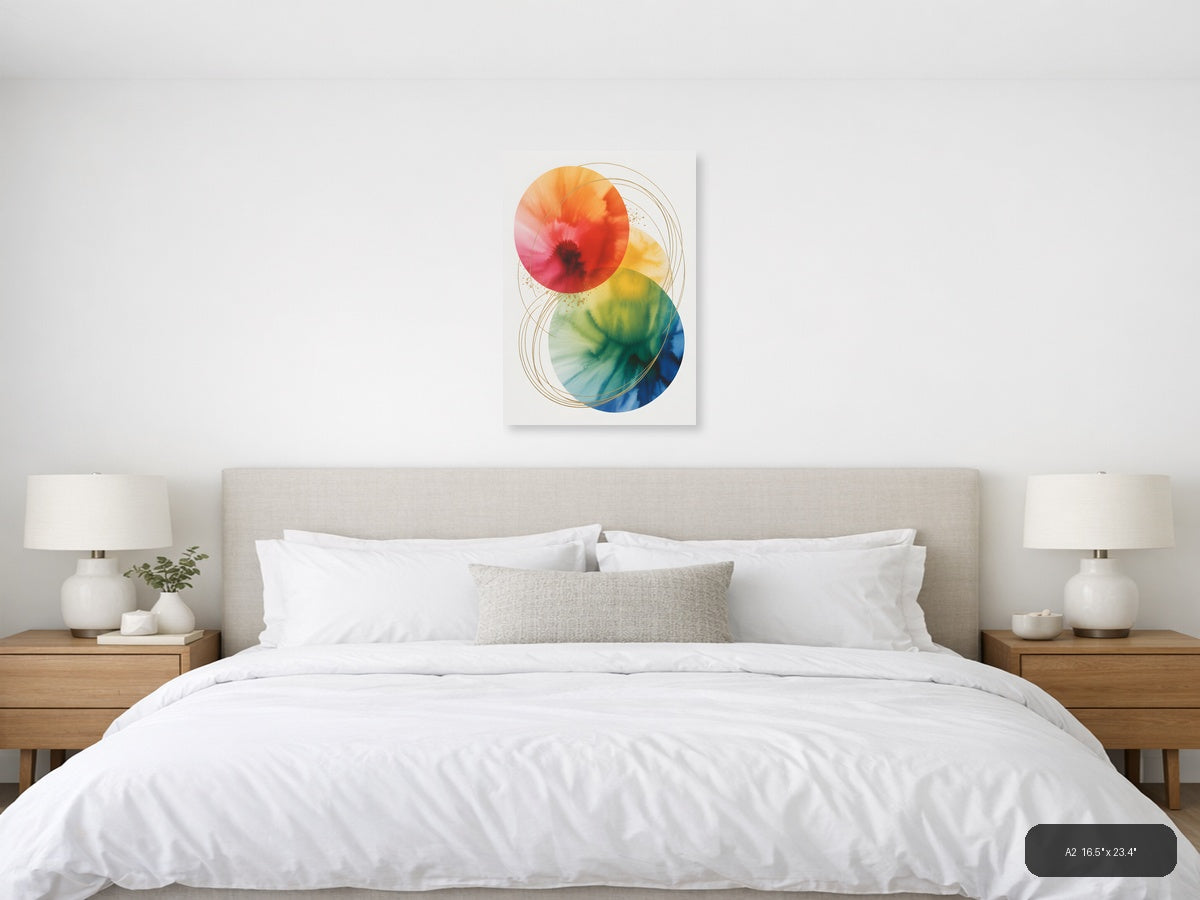 Rainbow Watercolor Circles with Gold Lines Wall Art — A2 / Bedroom