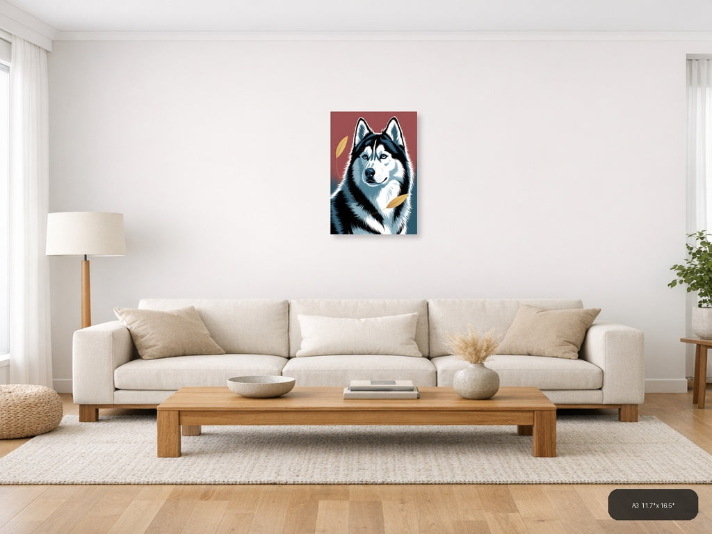 Black and White Husky Portrait with Gold Leaves Wall Art — A3 / Living Room