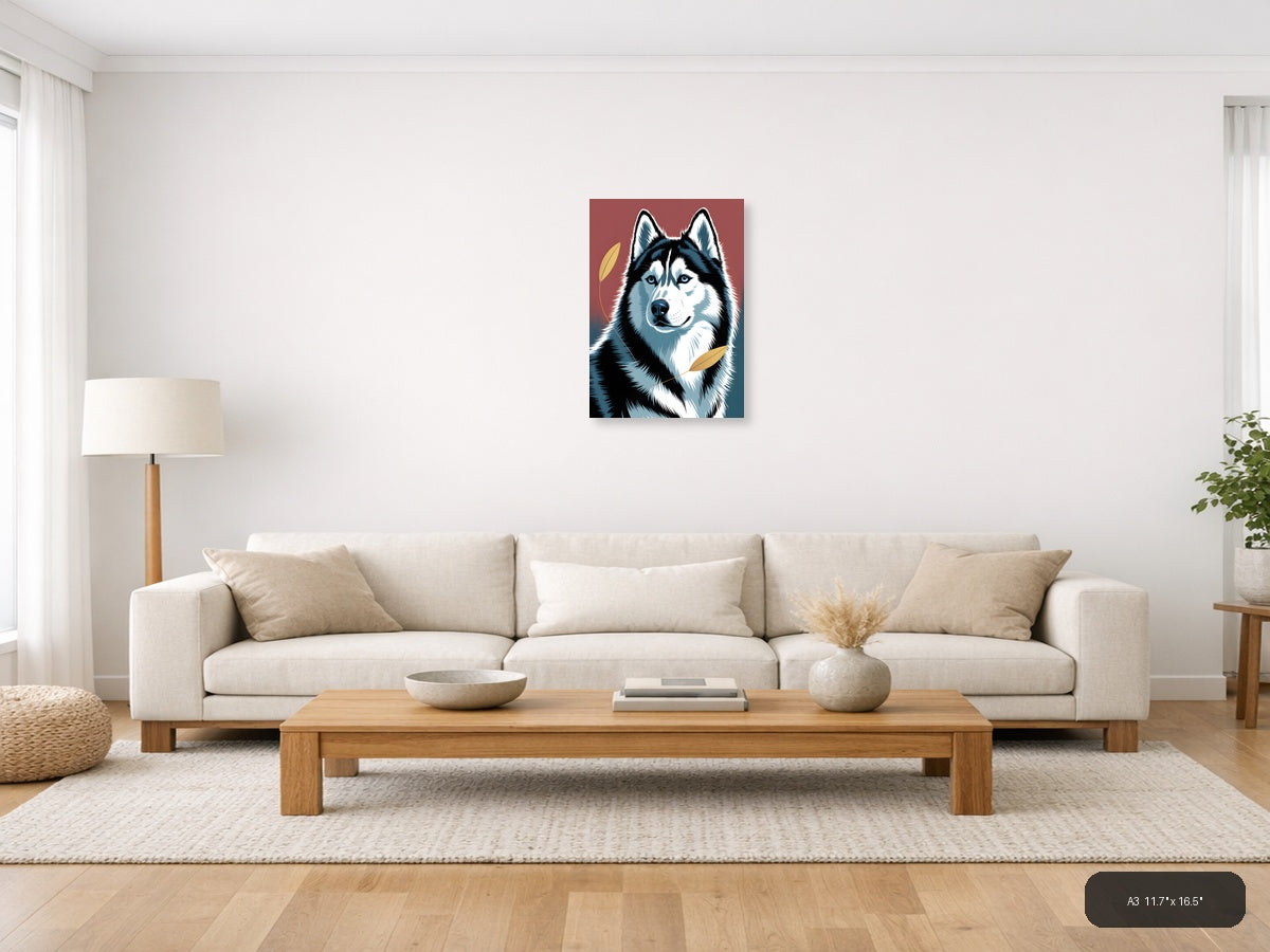 Black and White Husky Portrait with Gold Leaves Wall Art — A3 / Living Room
