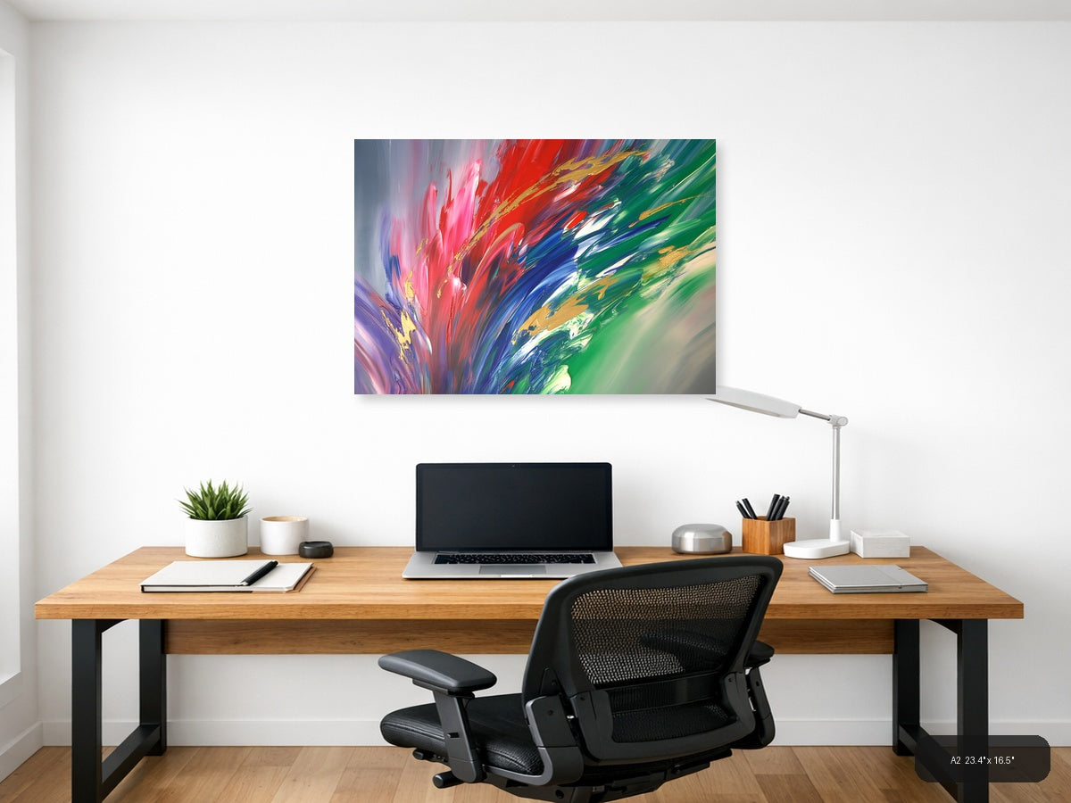 Vibrant Abstract Explosion: Pink, Red & Green Wall Art — A2 / Office
