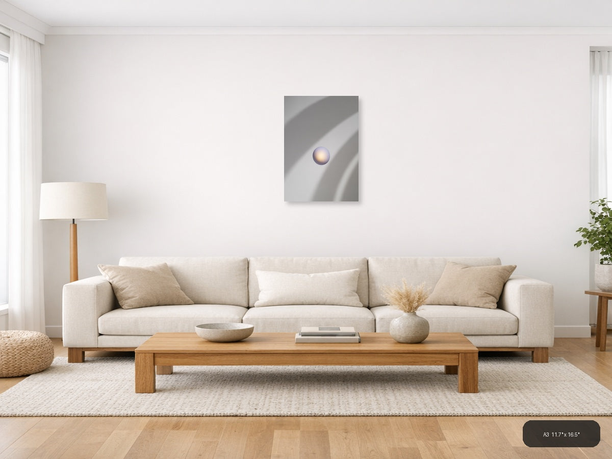 Minimalist Pearl Sphere with Light Rays Wall Art — A3 / Living Room