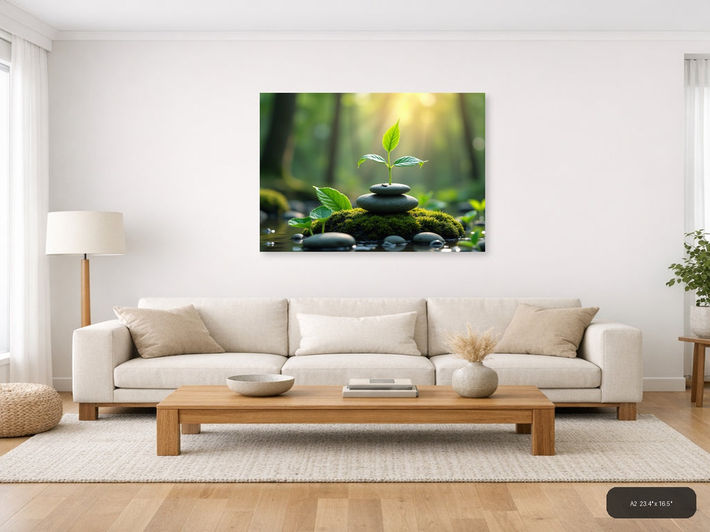 Young Plant on Stacked Stones Botanical Wall Art — A2 / Living Room