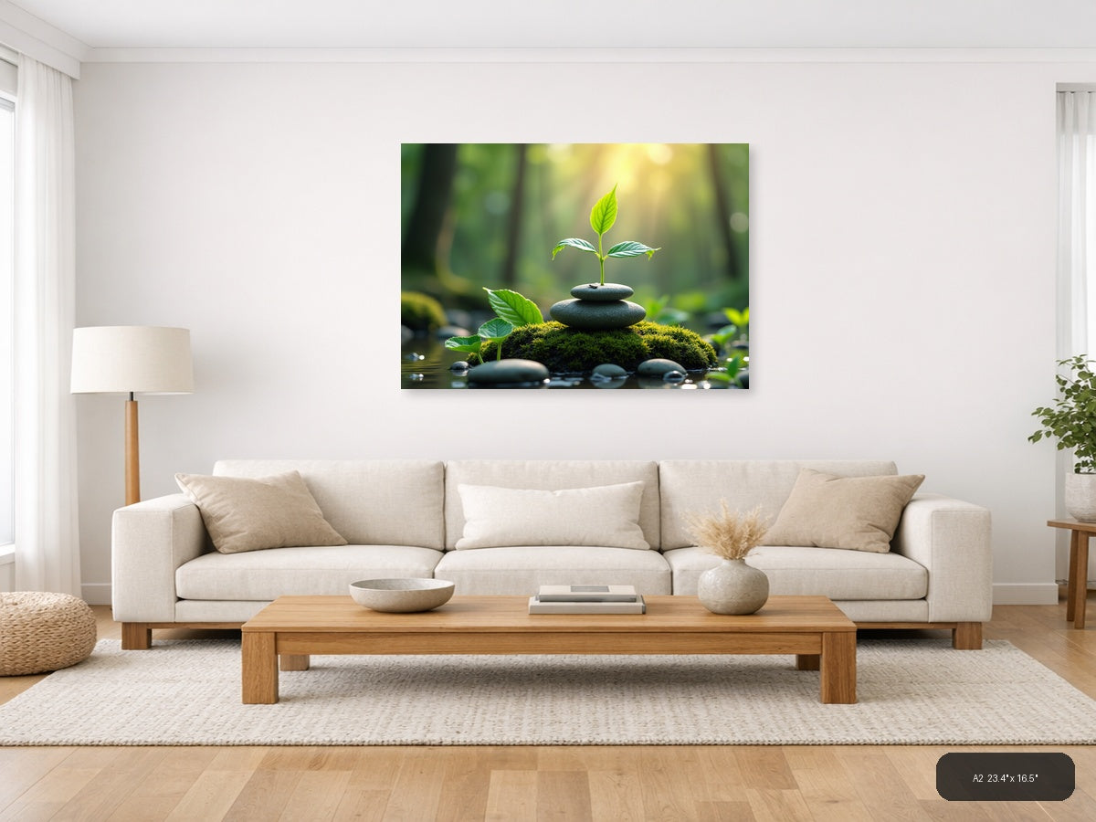 Young Plant on Stacked Stones Botanical Wall Art — A2 / Living Room