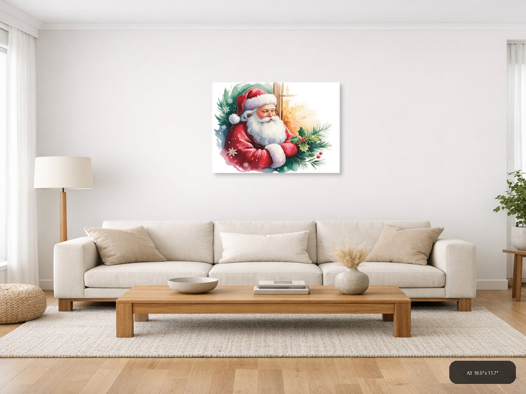 Santa Claus with Holly & Snowflakes Watercolor Wall Art — A3 / Living Room